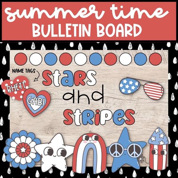 Retro Summer 4th of July Bulletin Board Kit, Stars and Stripes July Bulletin Board, Printable DIY Red White and Blue Bulletin Board Display