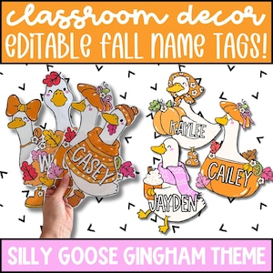 May include: A set of printable name tags featuring cartoon geese dressed in fall-themed accessories like orange sweaters, pumpkin hats, and scarves. The tags include the names Casey, Kaylee, Jayden, and Cailey, with text reading classroom decor editable fall name tags and silly goose gingham theme.