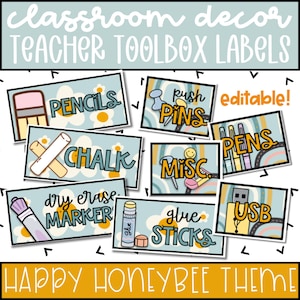 May include: Classroom decor labels with a Happy Honeybee theme. The labels include "Pencils", "Push Pins", "Chalk", "Misc", "Dry Erase Marker", "Glue Sticks", "USB", and "Pens". The labels are light blue with a daisy pattern.