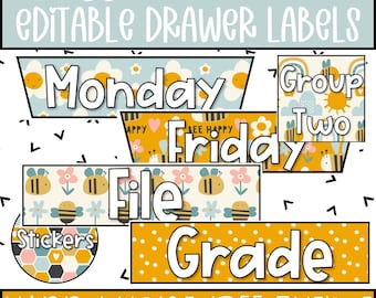May include: Editable drawer labels with a bee and flower theme. The labels include the words "Monday", "Friday", "File", "Stickers", "Group Two", and "Grade".