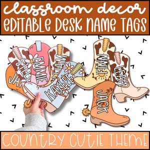May include: A collection of colorful cowboy boot-shaped desk name tags. Each tag features a different name, with a country-themed design. The tags are in various colors, including pink, blue, and orange, with floral and cowhide patterns.
