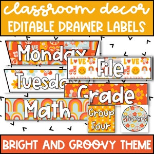 Bewerkbare Lade Labels voor Retro Classroom Decor, DIY Classroom Decor, Groovy Classroom Thema, Classroom Labels voor Leraren, 10 Lade Winkelwagen