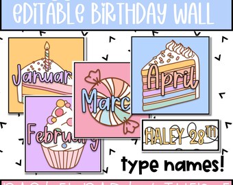 Pastel Classroom Birthday Wall Decor, Editable Name Tags (Digital Download)
