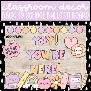 Yay You're Here - Tablón de anuncios de regreso a clases, decoración para la puerta del aula, kit de tablón de anuncios retro y elegante para hacer tú mismo