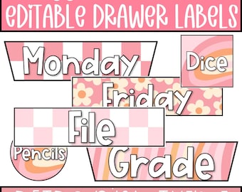Bearbeitbare Klassenzimmer-Etiketten, 10 Schubladen-Wagen-Etiketten bearbeitbar, Retro-Rosa-Klassenzimmer-Dekor-Thema