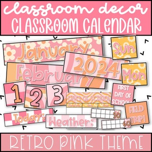 Calendar for Classroom, Pocket Chart Calendar for Classroom Decor, Retro Pink Classroom Decor Theme, Calendar Bulletin Board for Teachers