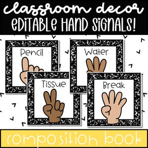 May include: Classroom decor with editable hand signals. The image displays four square signs with hand gestures for "Pencil", "Water", "Tissue", and "Break". Each sign has a black and white border and is labelled with the corresponding word.