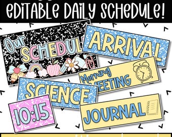 Könnte beinhalten: Ein Set aus Klassenzimmer-Dekorationskarten mit dem Text "CLASSROOM DECOR EDITABLE DAILY SCHEDULE!" und "Our SCHEDULE". Einzelne Karten zeigen "ARRIVAL", "SCIENCE", "Morning MEETING", "JOURNAL" und "10:15" mit Symbolen wie Apfel, Uhr und Notizbuch.