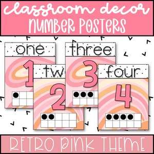 Number Posters for Classroom, Classroom Decor, Retro Pink Classroom Decor Theme, Classroom Numbers 1-20 Printable for Teachers