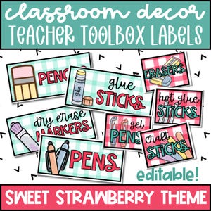 Étiquettes MODIFIABLES de boîte à outils de professeur, décoration de classe modifiable bricolage, thème de décoration de salle de classe de fraise