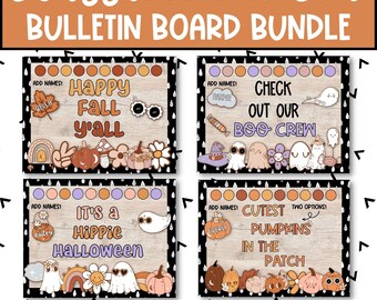 May include: Four printable bulletin board designs for a classroom. The designs feature a retro fall and Halloween theme with a woodgrain background. The text on the boards reads "Happy Fall Y'all", "Check Out Our Boo Crew", "It's a Hippie Halloween", and "Cutest Pumpkins in the Patch".