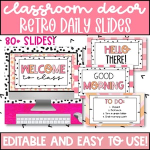 Retro Daily Slides for Classroom, Editable Google and PowerPoint Slide Templates, Digital Classroom Slides, Retro Pink Classroom Theme
