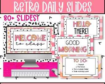 Retro Daily Slides for Classroom, Editable Google and PowerPoint Slide Templates, Digital Classroom Slides, Retro Pink Classroom Theme