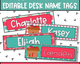 Bearbeitbare Schreibtisch-Namens-Tags für Klassenzimmer, DIY-Klassenzimmer-Dekor, Erdbeer-Klassenzimmer-Dekor-Thema, Klassenzimmer-Namens-Tags