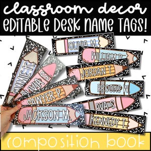 May include: A selection of desk name tags with pencil illustrations. Each tag displays a student's name, set against a composition book-style background. The tags are labelled with names such as Olivia M, William P, and Jackson M.