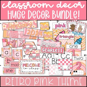 Retro Pink Classroom Decor Bundle, Editable Printables for Back to School Classroom Decor, Groovy Pink Classroom