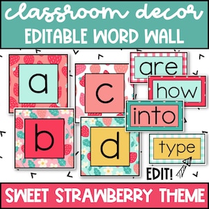Mur de mots pour salle de classe, cartes de mots de vue modifiables, thème de décor de salle de classe fraise, décor modifiable pour les enseignants