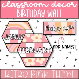 Birthday Bulletin Board, EDITABLE Birthday Wall Display for Classroom, Retro Pink Classroom Decor Theme, Classroom Birthday Decor