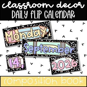 May include: A daily flip calendar for classroom decor featuring rectangular cards with a black and white speckled pattern. The cards display the text Monday, September, 14, and 2026 in colorful fonts. The design includes pencil and book illustrations.