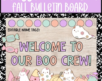 May include: A fall-themed classroom bulletin board with the text "Classroom Decor Fall Bulletin Board." The design includes the text "Welcome to Our Boo Crew!" and several cartoon ghosts and pumpkins. Includes editable name tags.