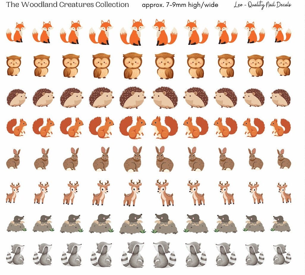 Woodland Creatures Nail Water Decals | fox | hedgehog | squirrel | owl | rabbit | mole | deer | Bambi | raccoon Handmade