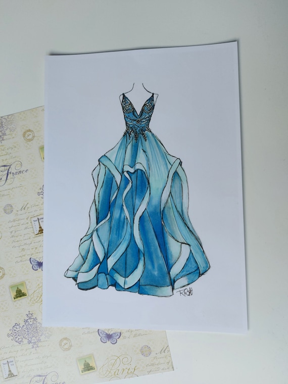 Buy Blue Ballgown Dress A4 Drawing Hand Illustrated Fashion Art