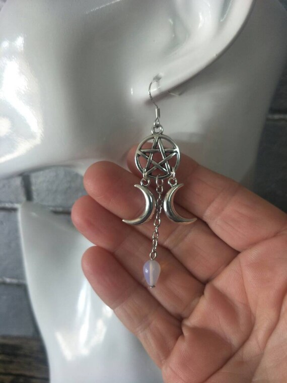 Pentagram Crescent Moon Moonstone Dangle Earrings, Gemstone