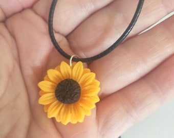 Yellow Handmade Resin Sunflower Charm Pendant Choker Necklace on Black Leather Adjustable Cord Flower Charm Pendant