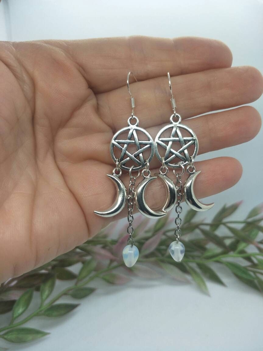 Earrings, Crescent Moon, Protective Pentagram, Beads, Onyx