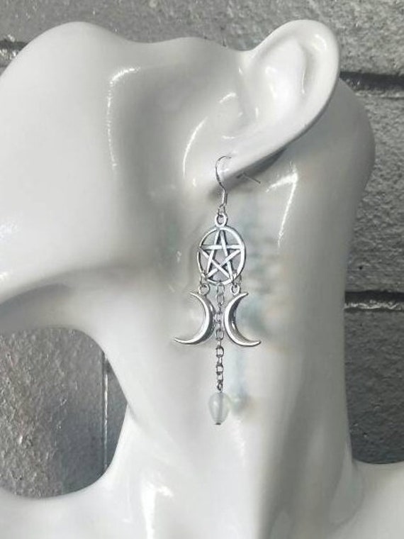 Pentagram Crescent Moon Moonstone Dangle Earrings, Gemstone