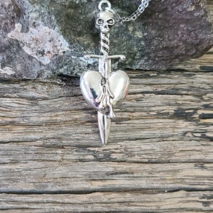 Scull Heart Sword Pendant Necklace, Silver Stainless Steel Curved Chain, Medievil Gothic Jewelry For Men and Woman, Adjustable Size 45/50cm