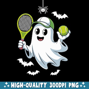May include: A cartoon ghost wearing a green and white baseball cap, holding a tennis racket and a tennis ball. White bats and a spider are also in the image. The background is black, and the text "HIGH-QUALITY 300DPI PNG" is at the bottom.