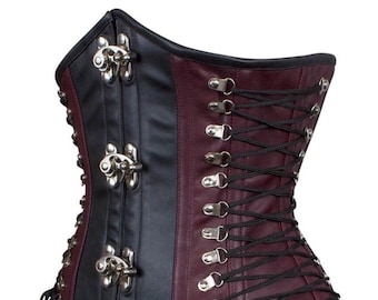 Style gothique, corset steampunk en cuir véritable sous la poitrine, gaine gainante avec croisillons sur les côtés