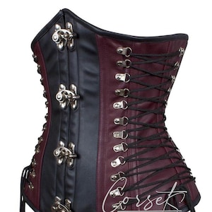 Leather Underbust Corset: Gothic Steampunk Waist Trainer – Maroon & Black, Steel Busk, Zipper, Closer Front