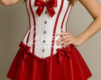 Sexy Nurse Costume – White Corset with Red Trim, Red Mini Skirt & Hat, Flirty Halloween Cosplay Outfit