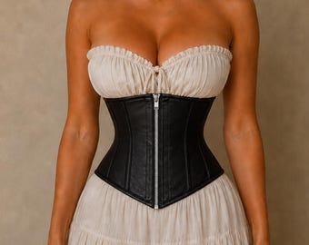 Leather Underbust Corset – Steel Boned Waist Trainer – Genuine Lamb Leather Waist Cincher – Zip or Busk Closure – 6 Colours