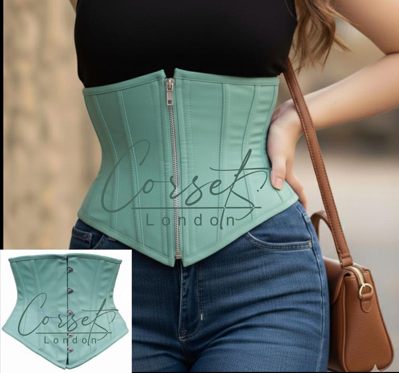 PVC onderborst korset tailletrainer – staal uitgebeend, glanzend of mat, busk of ritssluiting, meerdere kleuren Mint Green Matte