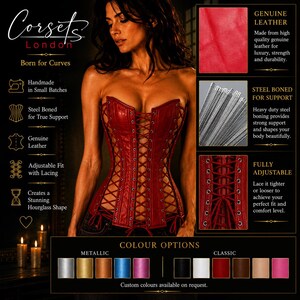 A deep red genuine leather corset featuring steel boning, front lacing, and an adjustable fit. The image includes text detailing features like handmade construction, steel boning, and colour options including metallic and classic shades.