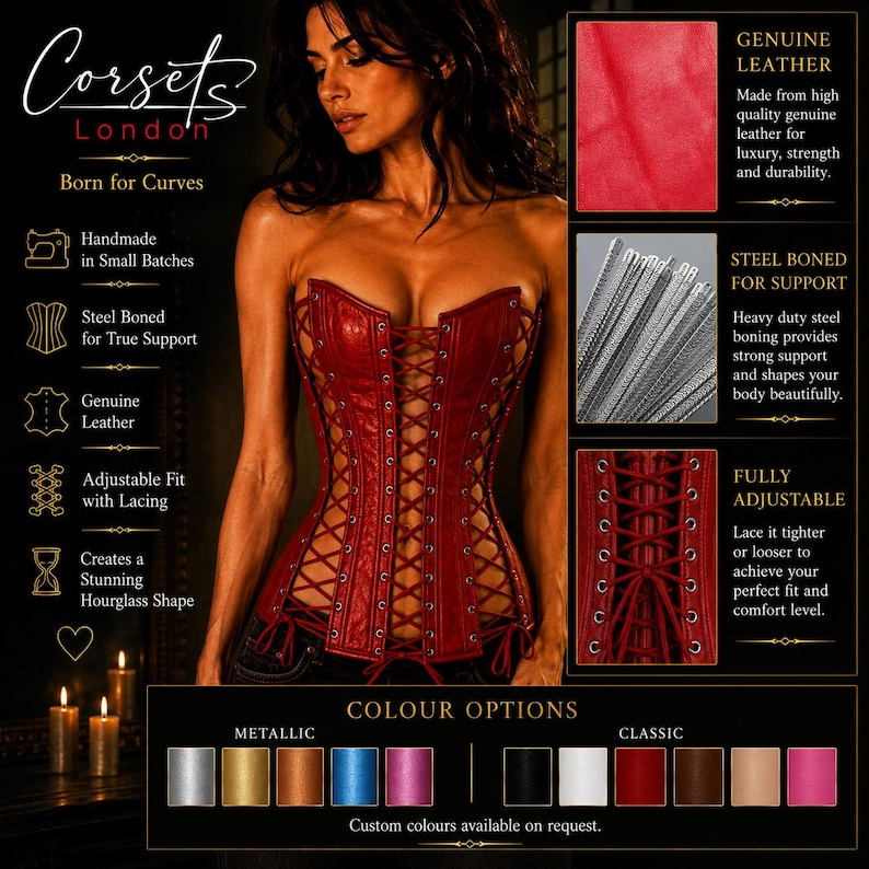 A deep red genuine leather corset featuring steel boning, front lacing, and an adjustable fit. The image includes text detailing features like handmade construction, steel boning, and colour options including metallic and classic shades.