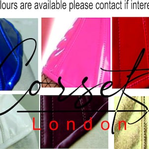 May include: Close-up of different coloured vinyl corset panels. The colours shown are blue, pink, red, white, burgundy, and gold. The text "Corset London" is written in black cursive across the image.