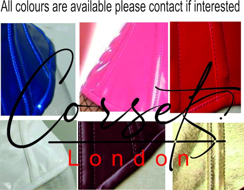 May include: Close-up of different coloured vinyl corset panels. The colours shown are blue, pink, red, white, burgundy, and gold. The text "Corset London" is written in black cursive across the image.