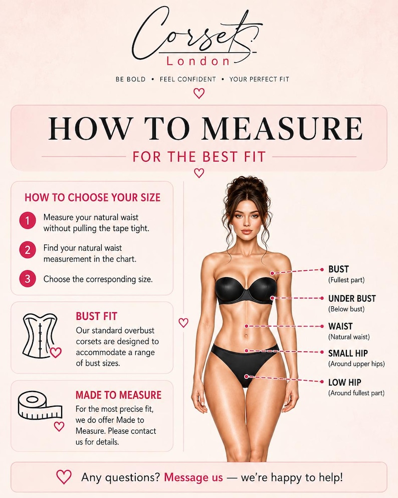 Op de afbeelding: Een infographic getiteld HOW TO MEASURE FOR THE BEST FIT van Corsets London. Het bevat een diagram van een figuur met labels voor buste, onderbuste, taille, kleine heup en lage heup, samen met tekstinstructies voor het kiezen van de maat.