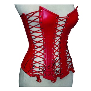 A bright red strapless corset featuring a smooth finish and silver-toned metal eyelets with matching red lacing along the sides and front panels.