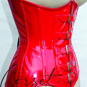 Red PVC Steampunk full Steel Boned Under bust Corset, 5 buckles and straps, waist Trainer, body shaper, available in a range of colours image 4