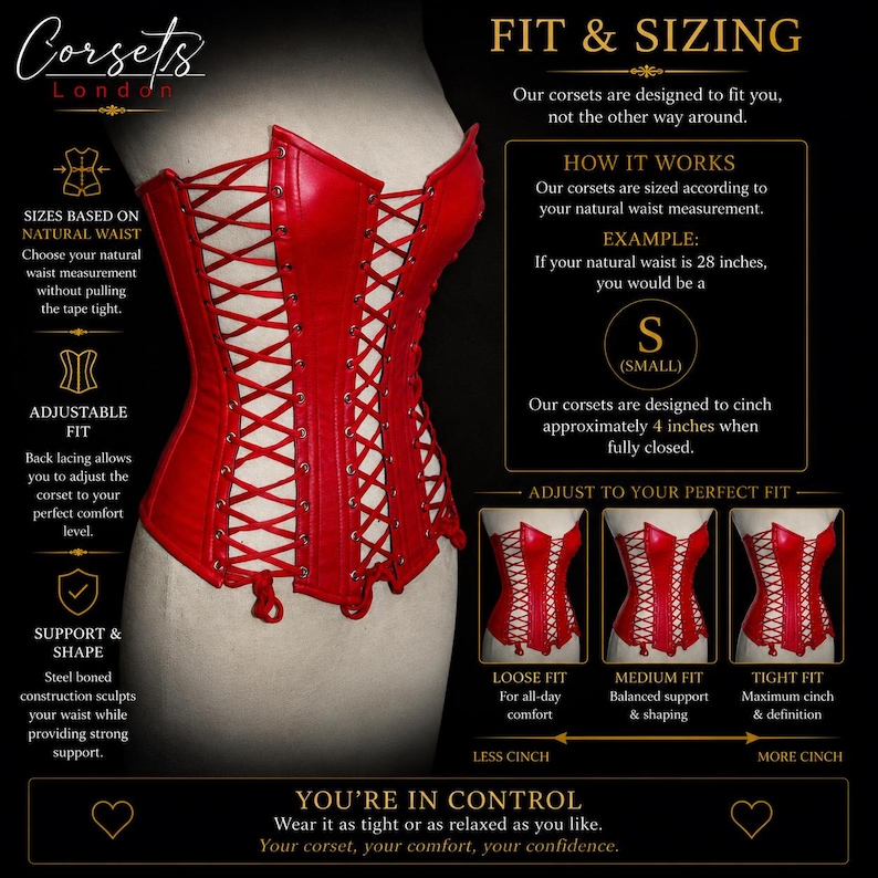A red corset featuring front lacing with silver-toned eyelets and a structured design. The image includes text detailing fit and sizing, explaining that the garment is sized by natural waist measurement and offers adjustable lacing.