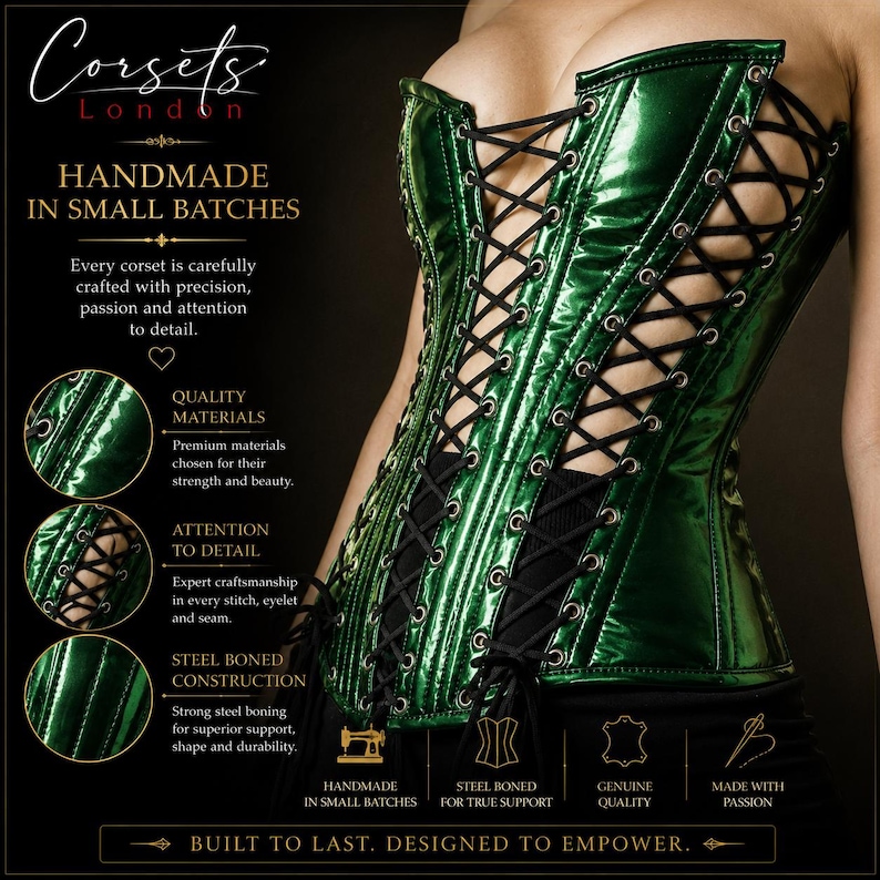 A shiny metallic green corset featuring black lace-up detailing with silver-toned eyelets. "Quality materials," "Attention to detail," and "Steel boned construction."
