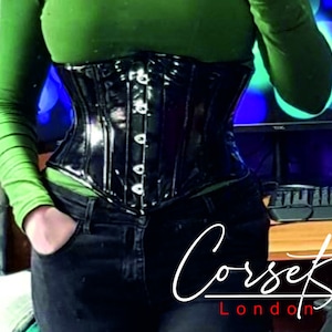 Corset sous la poitrine en pvc noir en cuir artificiel brillant, parfait pour l'entraînement de la taille et pour remodeler la silhouette, disponible dans une gamme de couleurs image 4