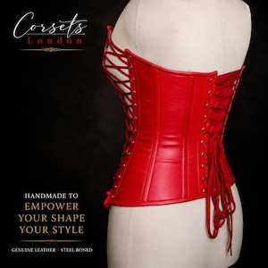 A bright red leather corset featuring a lace-up back with matching red laces and metal grommets. Genuine Leather Steel Boned is visible on the image.