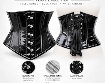 May include: Black PVC underbust corset featuring a glossy finish, steel boning, and a front busk closure. The back displays a lace-up design with black cord. Text includes BLACK PVC UNDERBUST CORSET, FRONT & BACK VIEW, STEEL BONED, BUSK FRONT, WAIST CINCHER, QUALITY PVC, SPIRAL STEEL BONES, LACE-UP BACK, and Corsets London.