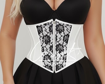 Gothic PVC Underbust Corset, Steel Boned Waist Cincher with Satin & Floral Mesh, Zip Closure